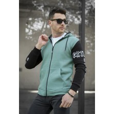 Oksit Extrem Pamuklu Üç Iplik Şardonlu Fermuarlı Kapüşonlu Kol Baskılı Slim Fit Erkek Sweatshirt