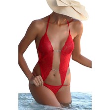 Freya Kadın Kırmızı Taş Detaylı Dantel Babydoll Iç Çamaşırı