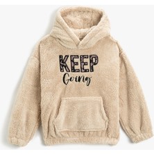 Koton Kapüşonlu Peluş Sweatshirt Kız Çocuk Ekru Renk Uzun Kol Grafik Desenli