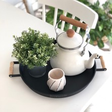 Kitchen Trend 2'li Ahşap Kulplu 37 cm Siyah ve 30 cm Beyaz Tepsi Çay Kahve Sunum Tepsisi