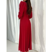 Moda Lavinia Kadın Eteği Pileli Uzun Kol Kemerli Krep Kumaş Elbise (Renk Seçenekli)