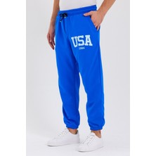 Hanclo Unisex Usa Baskılı Mavi Scuba Şardonlu Kumaş Oversize Eşofman Altı