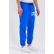 Hanclo Unisex Usa Baskılı Mavi Scuba Şardonlu Kumaş Oversize Eşofman Altı