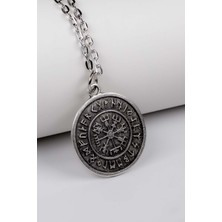Kolbi Iskandinav Vegvisir Viking Pusula Kolye Antik Gümüş Klasik Zincir