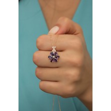 Nereze 925 Ayar Gümüş Mor Taşlı 6 Yaprak Lotus Çiçeği Kolye
