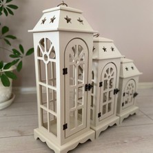 Tasarloxi 3'lü Dekoratif Krem Ahşap Fener