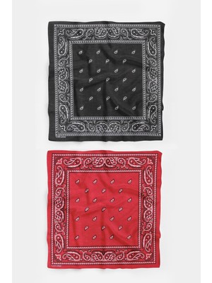 Şal Desenli Kare Koton Bandana Fular 2'li Set Kırmızı - Siyah