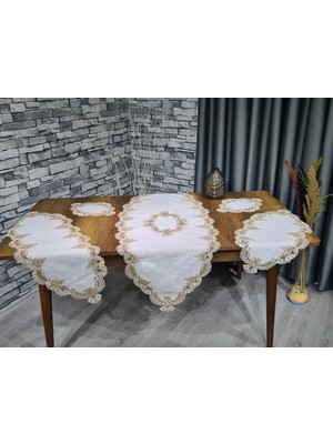 Çeyiz Diyarı Safir 5 Parça Keten Salon Takımı Krem Kahve