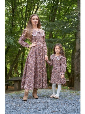 Küçüğüm Butik Vintage Yakalı Kahverengi Çiçekli Uzun Kol Kloş Anne Kız Kombini (Tekli Fiyattır)