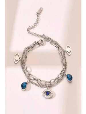 Kadın 2'Li Kombin Mavi Göz Su Damlası Detay Çelik Ayarlanabilir Çelik Bileklik