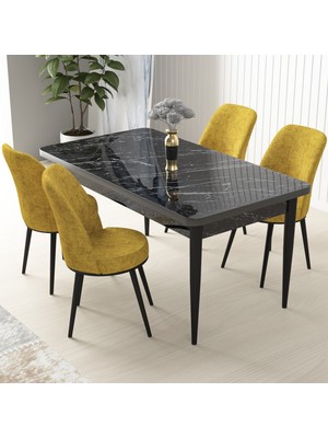 Canisa Concept Nil Serisi, Siyah Mermer Desen Masa 70X110 Sabit Yemek Masası Takımı,  4 Sandalye
