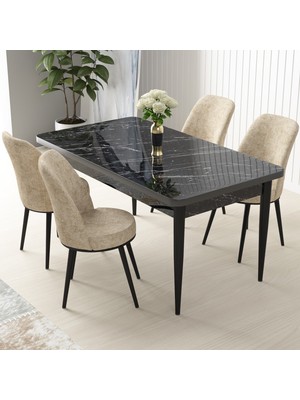 Canisa Concept Nil Serisi, Siyah Mermer Desen Masa 70X110 Sabit Yemek Masası Takımı,  4 Sandalye