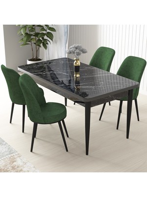Canisa Concept Nil Serisi, Siyah Mermer Desen Masa 70X110 Sabit Yemek Masası Takımı,  4 Sandalye