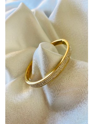 Kadın Yüksek Kalite Çelik Kararmaz Sıralı Zirkon Taş Kelepçe Çelik Bileklik