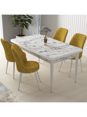 Canisa Concept Nil Serisi beyaz Mermer Desen 70 x 110 cm Sabit Yemek Masası Takımı Masa 4 Sandalye