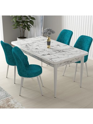 Canisa Concept Nil Serisi beyaz Mermer Desen 70 x 110 cm Sabit Yemek Masası Takımı Masa 4 Sandalye