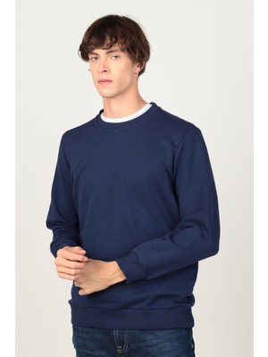 Tudors Unisex Relax Fit Rahat Kesim Pamuklu 3 İplik Polarlı Basic Lacivert Bisiklet Yaka Sweatshirt