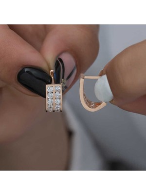 Gumush Gümüş Çift Sıra Beyaz Taşlı J Kadın Küpe