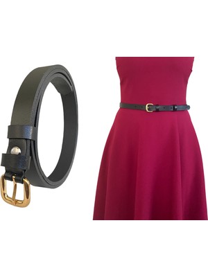 Goderi   Deri Gold Kare Tokalı Siyah Çok Ince Kadın Kemeri, 1.8 cm