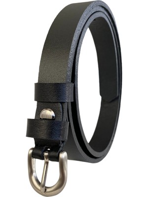 Goderi   Deri Gümüş Tokalı Siyah Çok Ince Kadın Kemeri, 1.8 cm