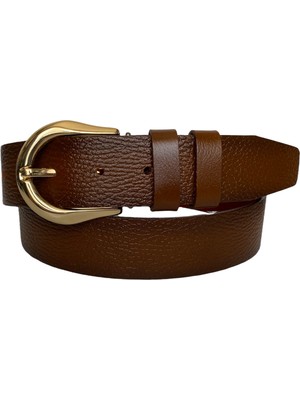 Goderi   Deri, Gold Tokalı Kahverengi Desenli Kadın Kot Kemeri 4 cm