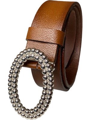 Goderi   Deri, Gümüş Oval Tokalı Kahverengi Kadın Kot Kemeri 4 cm