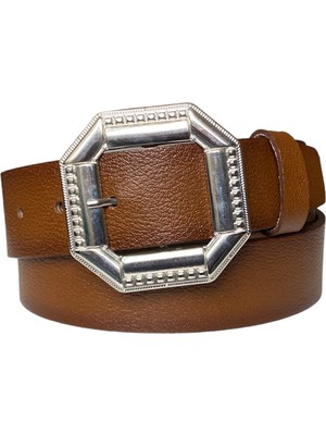 Goderi   Deri, Gümüş Tokalı Kahverengi Kadın Kot Kemeri 4 cm