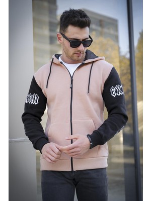 Oksit Extrem Pamuklu Üç Iplik Şardonlu Fermuarlı Kapüşonlu Kol Baskılı Slim Fit Erkek Sweatshirt
