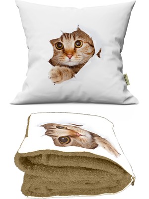 Caisya Home Sevimli Kedi Desenli Opsiyonel Battaniyeli Yastık 38 x 38 cm