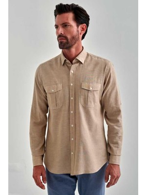 Bisse Regular Fit Bej Paşa Yaka Uzun Kollu Spor Erkek Gömlek GM22Y221043_D07
