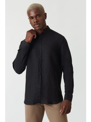 Bisse Regular Fit Uzun Kollu Sıyah Keten Erkek Gömlek GM22Y221119_D99