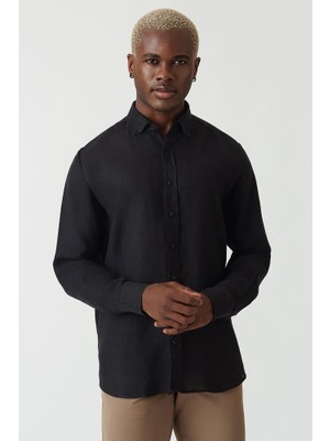 Bisse Regular Fit Uzun Kollu Sıyah Keten Erkek Gömlek GM22Y221119_D99