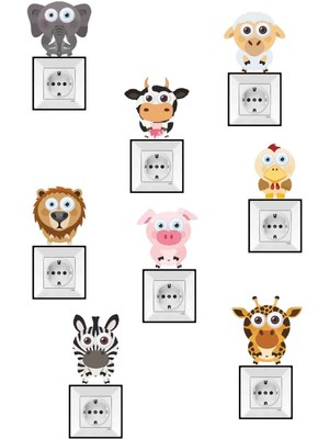 Kt Grup Komik Hayvanlar Temalı 8'li Priz Folyo Tasarım Sticker Seti