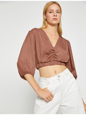 Koton Koton Crop Bluz V Yaka Balon Kollu Saten Görünümlü