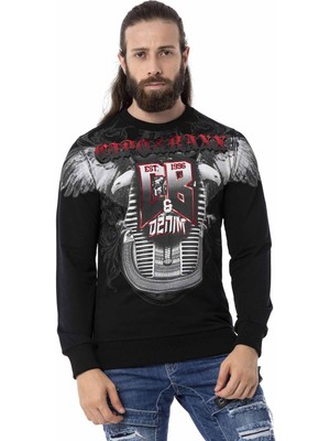 Cipo & Baxx CL515 Kartal Desenli Siyah Kalın Sweatshirt