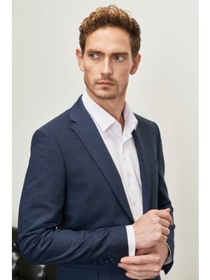 ALTINYILDIZ CLASSICS Erkek Lacivert Slim Fit Dar Kesim Mono Yaka Desenli Yünlü Takım Elbise