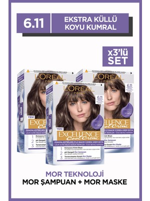 L'Oréal Paris Excellence Cool Creme 6.11 Ekstra Küllü Koyu Kumral Saç Boyası 3'lü Set