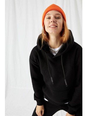 Kadın Stay Oversize Siyah  Hoodie Sweatshirt