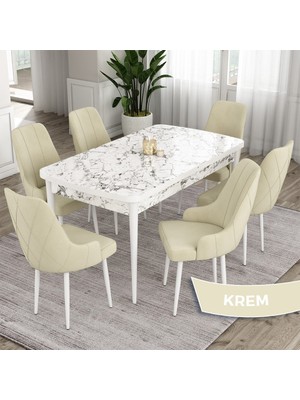 Canisa Concept Ram Serisi 80X132 Açılabilir Yemek Masası Takımı Beyaz Mermer Desen Masa 6 Babyface Kumaş Sandalye