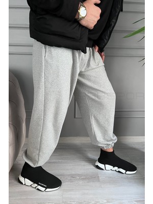 Gri BSBSPOR Erkek Oversize Jogger Eşofman Altı 2XL Paçası Lastikli Rahat Kullanım İçin