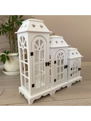 Tasarloxi 3'lü Dekoratif Beyaz Ahşap Fener Mumluk