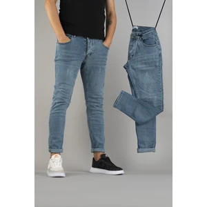 Erkek Slim Fit Dar Kesim Tırnaklı Kot Pantolon Buz Mavisi
