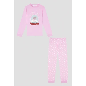 Pembe Kız Çocuk Kar Küresi Baskılı Pijama Takımı