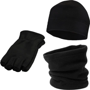 Axe Sportswear Siyah Parmaksız Kesik Yarım Parmak Kışlık Polar Eldiven - Polar Bere - Polar Boyunluk 3lü Set