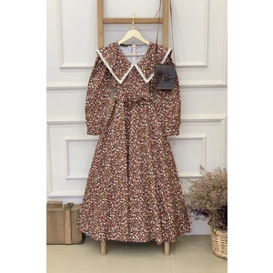 Küçüğüm Butik Vintage Yakalı Kahverengi Çiçekli Uzun Kollu Kloş Elbise