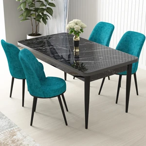 Concept Nil Serisi, Siyah Mermer Desen Masa 70X110 Sabit Yemek Masası Takımı,  4 Sandalye