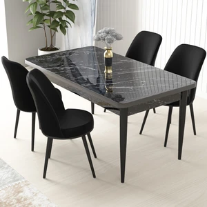 Concept Nil Serisi, Siyah Mermer Desen Masa 70X110 Sabit Yemek Masası Takımı,  4 Sandalye