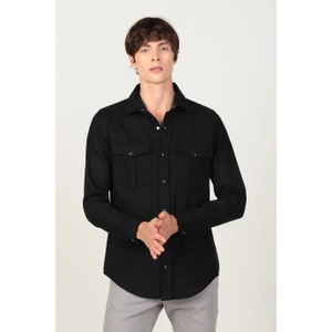 Slim Fit Uzun Kollu Kışlık Oduncu Çift Cep Kapaklı Düz Unisex Siyah Gömlek