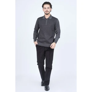 Ateş Triko Erkek Polo Yaka Desenli Yün Kazak 6092073 Koyu Gri