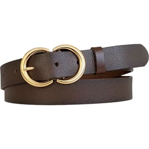 Goderi   Deri Gold Cɔ Tokalı Koyu Kahverengi Ince Kadın Kemeri, 3cm